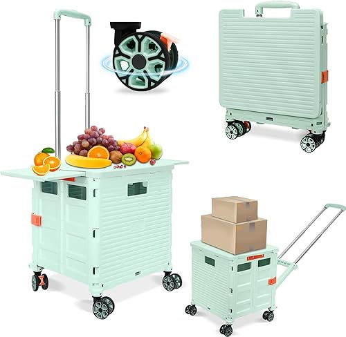 Miniatura 34 de FELICON SELORSS - Carrito plegable portátil plegable con mango telescópico de plástico resistente y duradero, 4 ruedas giratorias para viajes, Blanco