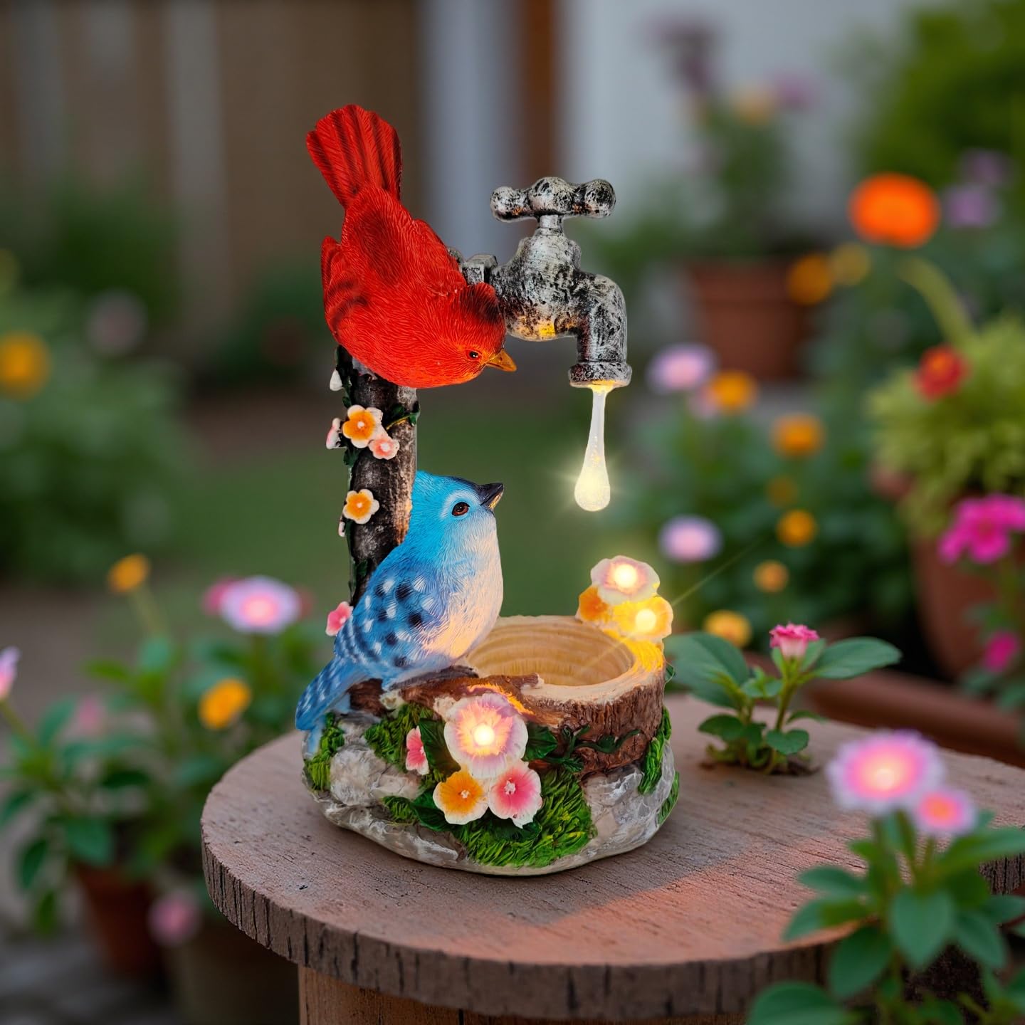 Statua di uccelli cardinali solari con mangiatoia per uccelli, decorazione da giardino in resina che cambia colore, fontana decorativa per esterni, impermeabile, ornamenti per uccelli per cortile