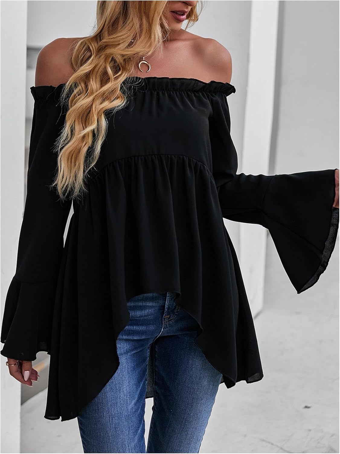 WDIRARA Women's Off The Shoulder Long Flounce Sleeve Blouse Ruffle High Low Peplum Top - Image 4