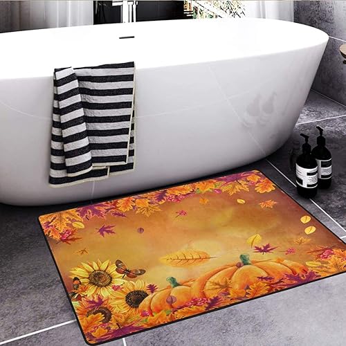 Miniatura 2 de Tapete de baño de otoño con diseño de girasoles y calabaza, para baño, antideslizante, hojas de arce otoñales, alfombras de baño para bañera, ducha,