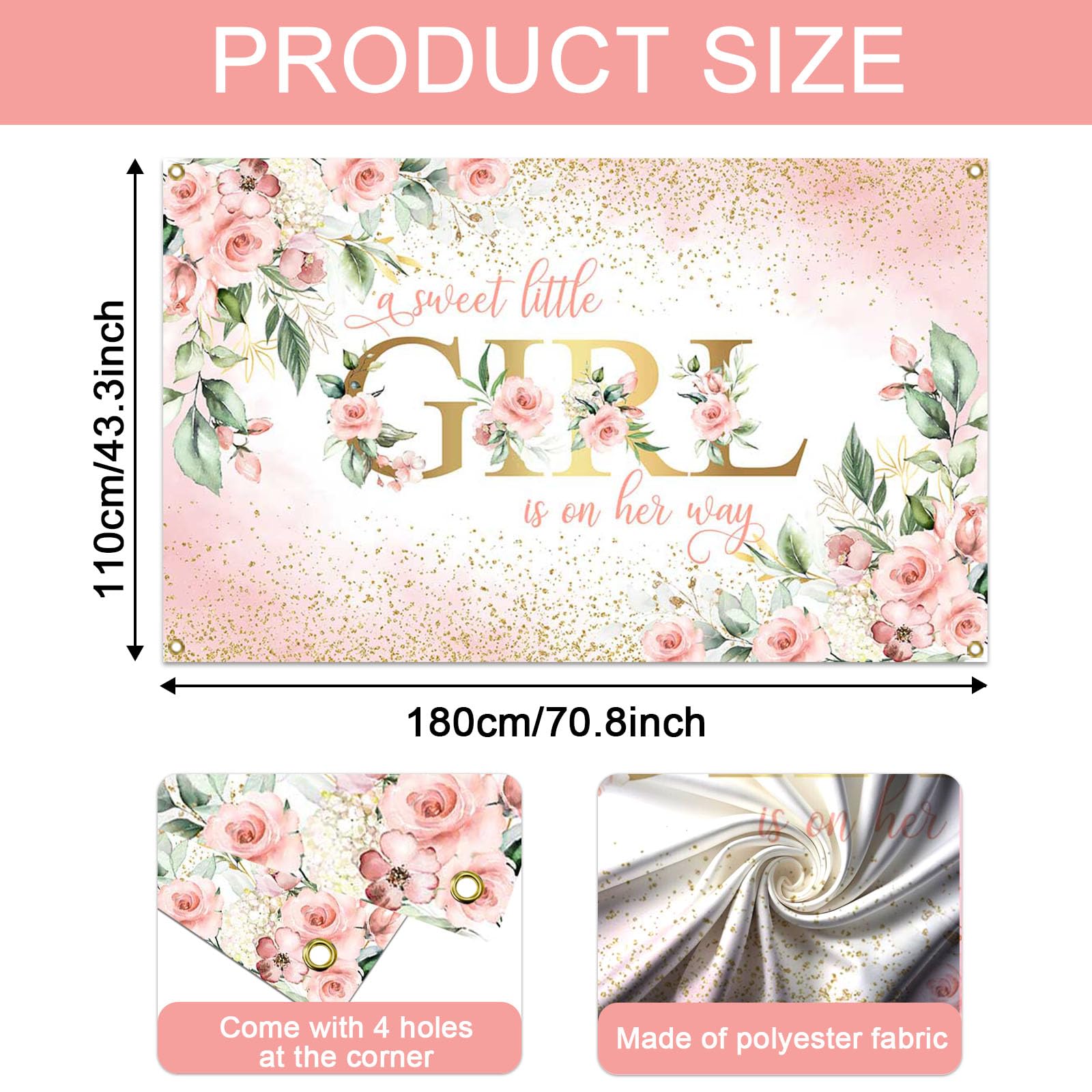 Avezano Girl Baby Shower Backdrop Banner A Sweet Little Girl is on Her Way Banner Decorations Pink Floral Girls Baby Shower Backgroud Banners Party Supplies 70.8 x 43.3 Inch - Image 3