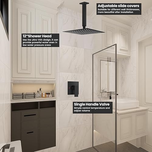 Miniatura 3 de Airuida Juego de grifo de ducha y mango de una sola función, kit de molduras de ducha de montaje en techo, sistema de ducha de lluvia con roscas