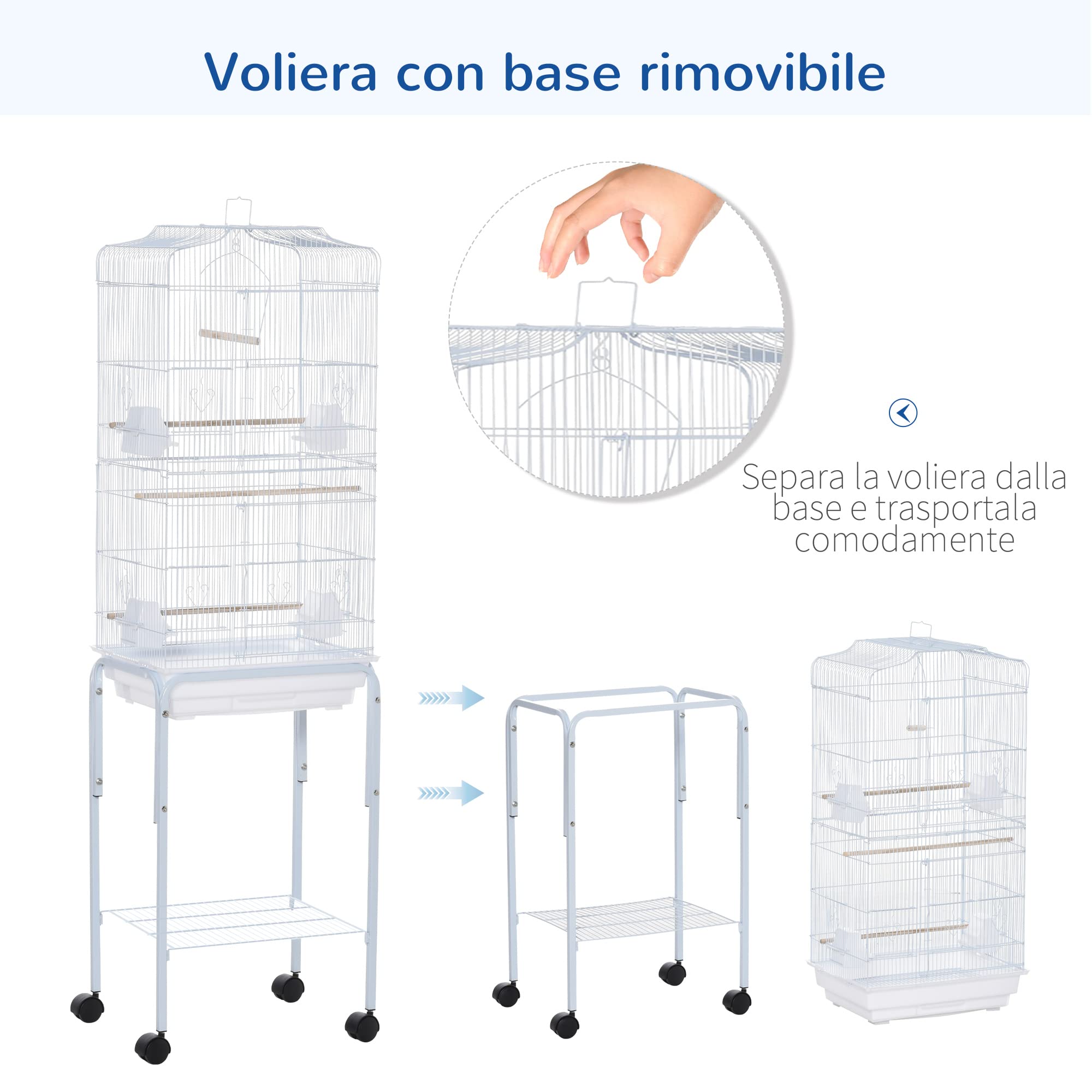 PawHut Gabbia per Uccelli, Voliera in Metallo e Acciaio con Ruote, Trespoli e Ciotole, 46.5x36x157cm, Bianco