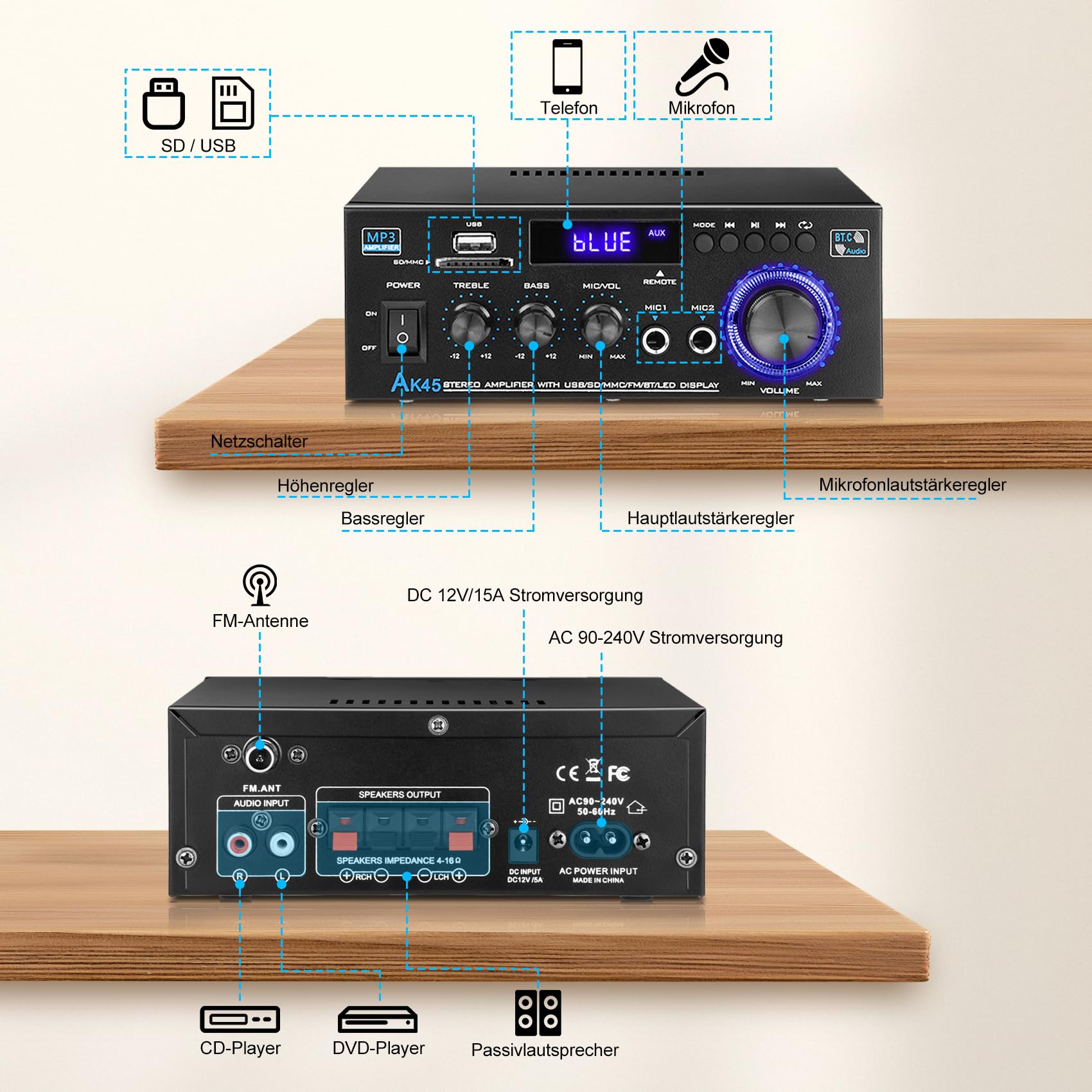 Hifi Verstärker - KKMOL Stereo Verstärker, AK45 Mini Bluetooth Radio Audio Verstärker Receiver, Wiimp Amp,12V/ 220V 400W 2 Kanäle Digitale Endverstärker Soundverstärker mit USB, SD Card, Fernbedienung