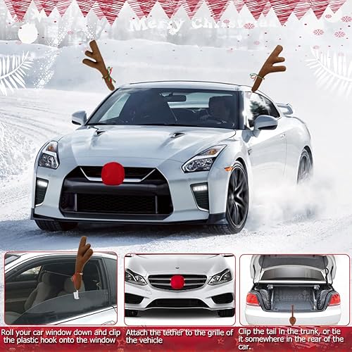 Miniatura 5 de Kit de automóvil de reno de Navidad para decoración de automóvil de Navidad, juego de rodolfo 4 en 1, adorno de reno, accesorios de automóvil para