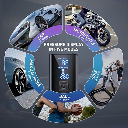 Miniatura 7 de Compresor de aire portátil para inflado de neumáticos, bomba de aire de inflado 2 veces más rápida con manómetro de neumáticos y luz LED, compresor