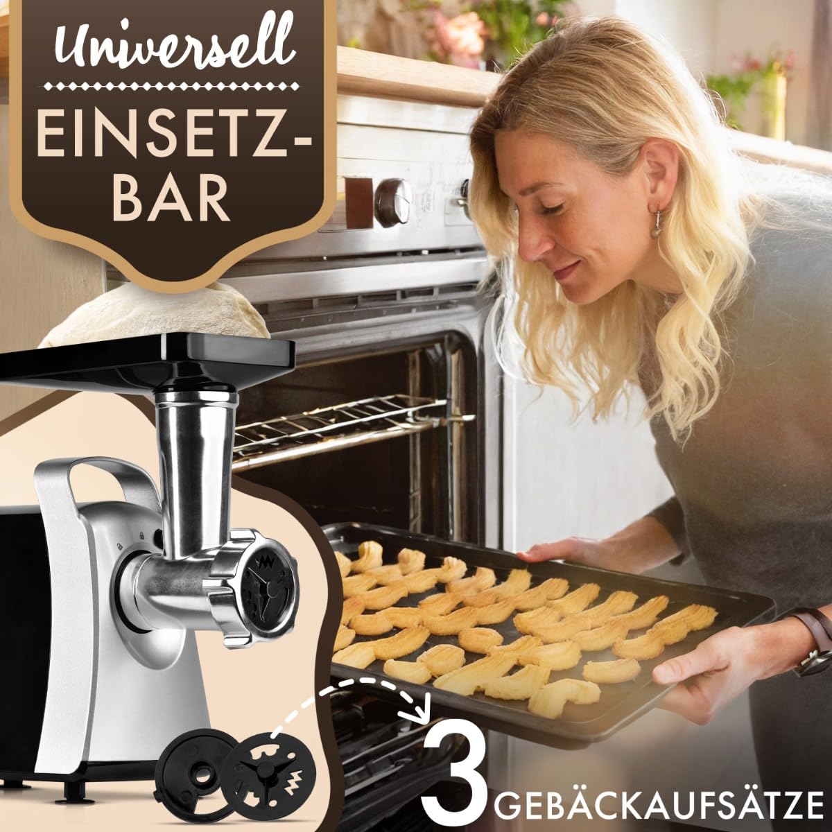 Clatronic® Fleischwolf 1000W Mit Aufsatz für Plätzchen & Spritzgebäck | 3 Metall-Scheiben | Vor-/Rücklauf | Wurstfüller | Metall-Hals u. Schnecke | FW 3803