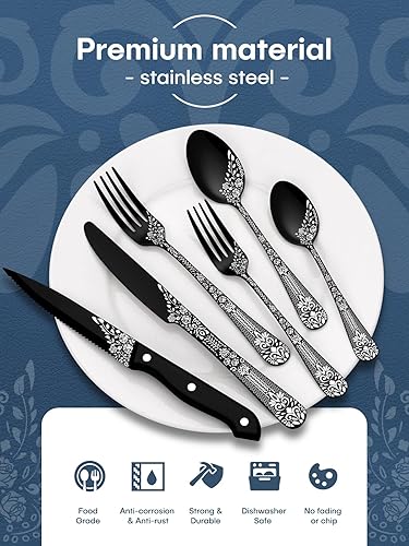 Miniatura 2 de EUIRIO Juego de cubiertos negros de 24 piezas con cuchillos para carne, juego de cubiertos de acero inoxidable para 4, incluye cucharas, tenedores,