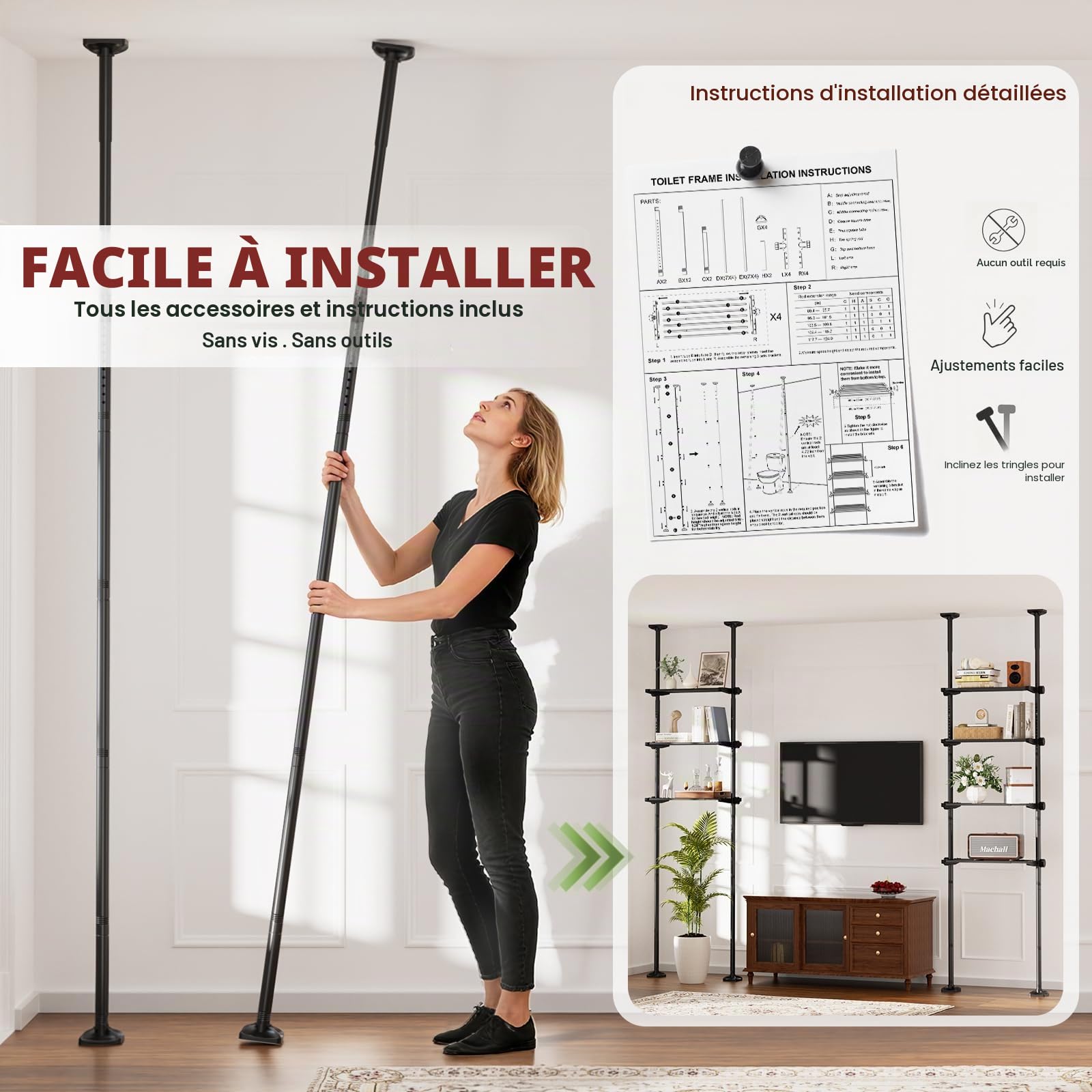 Yeabett Unit de Rangement au-dessus des Toilettes, Hauteur 163–315 cm, Largeur 39–69 cm, Meuble au-dessus de la Machine à Laver, Organisateur Polyvalent pour Salle de Bain, Cuisine, Salon, Buanderie