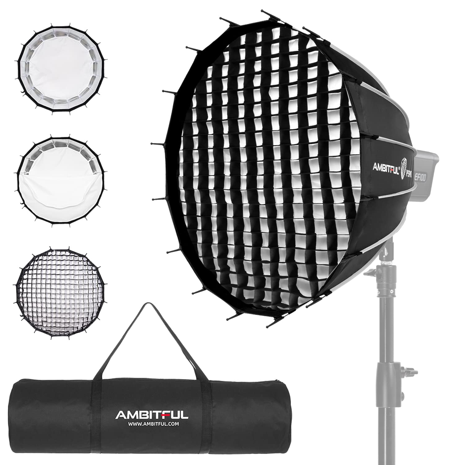 AMBITFUL PS60 23.6" / 60CM Portable Quickly Fast Installation Deep Parabolic Softbox Bowens Mount with Honeycomb Grid for Tiktok YouTube, Gaming, Zoom,Video Recording