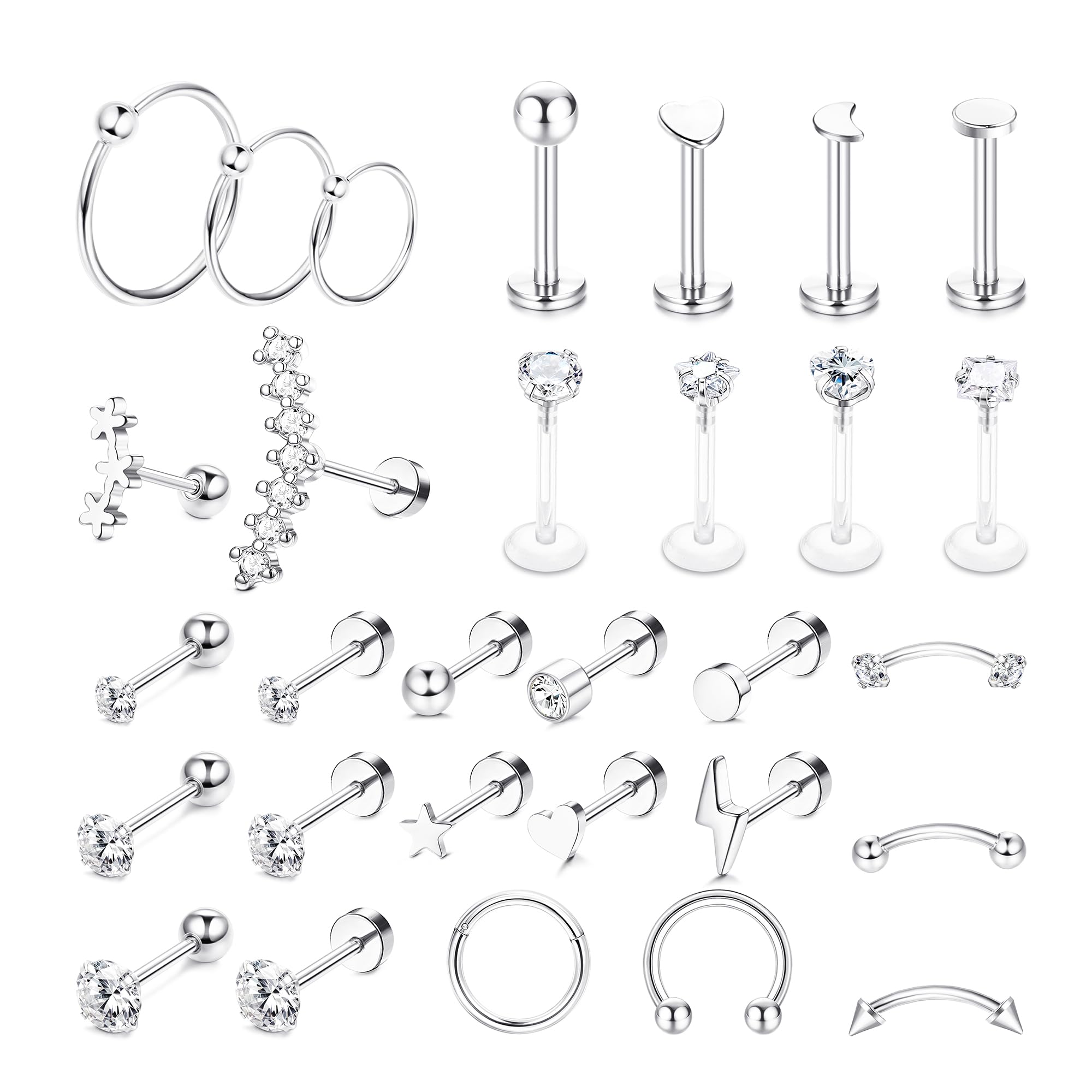 JeweBella30 Piezas Piercing Oreja Acero Quirurgico para Mujer Niña Pendientes Bola Estrella Corazón CZ Piercing Helix Tragus Conch Daith Labret Nariz Anillos Piercing Oreja Cartílago Plata/Oro