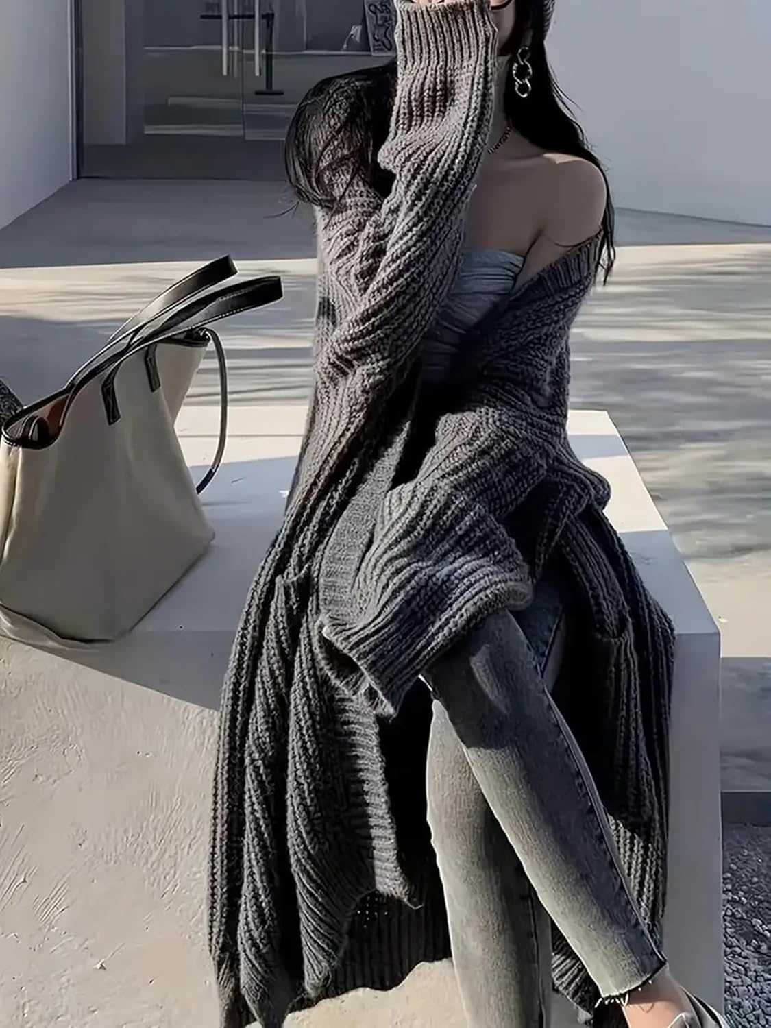 Womens Long Cardigan Sweaters Open Front Oversized Duster with Pocket for Women 2025 Fall Winter Knit Design Coats - Image 2