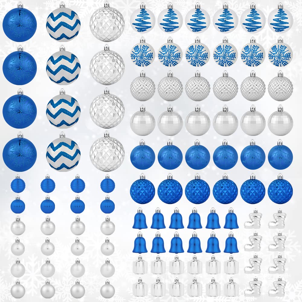 116 Stück sortierte Weihnachtsschmuck-Set, Weihnachtsschmuckkugeln, bruchsichere Weihnachtskugeln zum Aufhängen für den Weihnachtsbaum mit tragbarer Geschenkbox Verpackung (Silber & Blau)