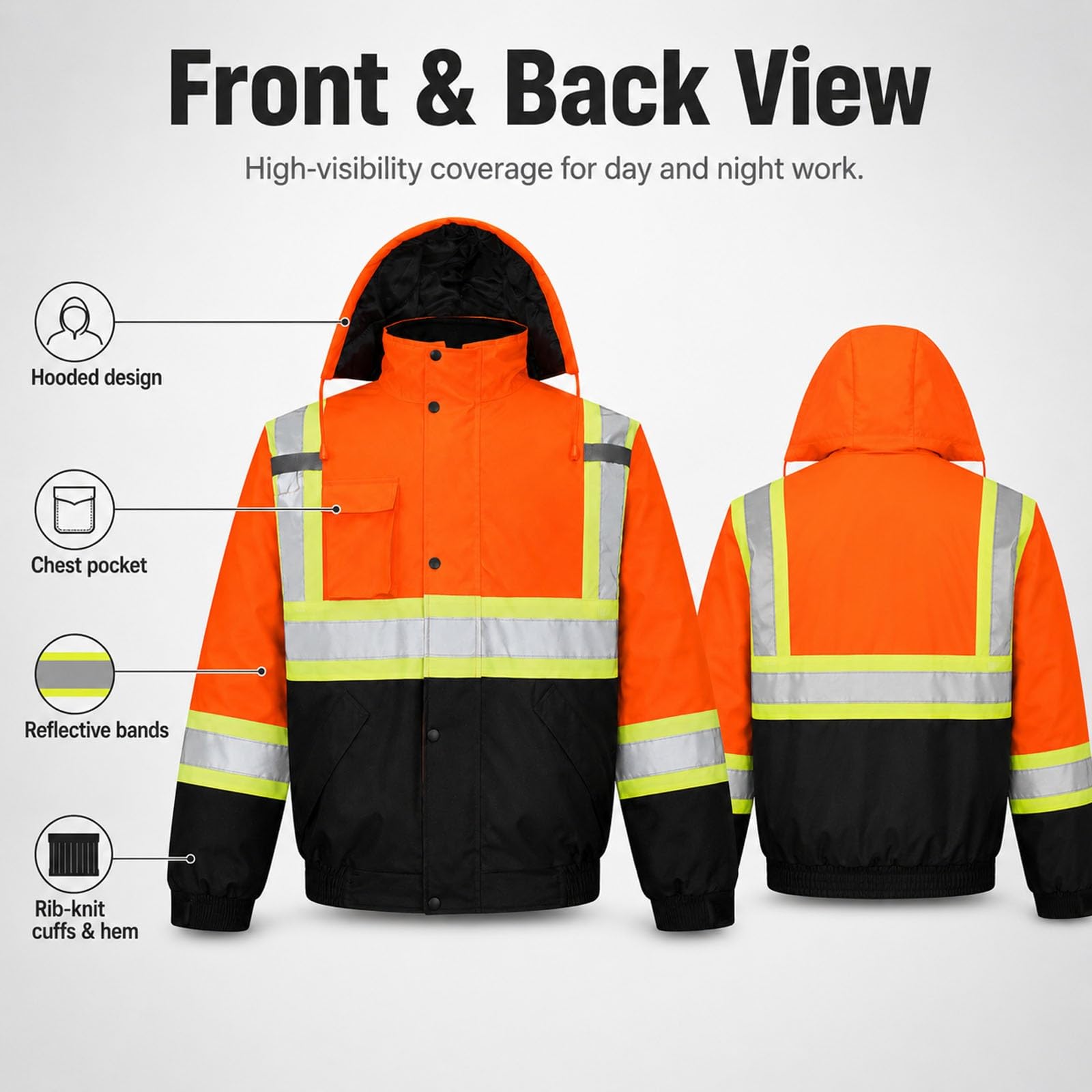 Chaqueta Impermeable De Alta Visibilidad Con Capucha Y Diseño Reflectante | Abrigo De Trabajo De Seguridad Cortavientos Con Relleno Grueso De Algodón, Tejido Oxford, Bolsillos, PUños(Yellow,L)