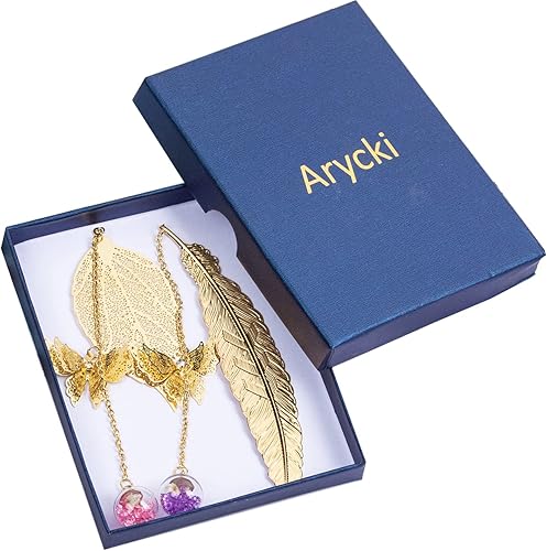 Arycki Marcapáginas de metal con hojas y plumas, paquete de 2 con colgante de mariposa 3D, día de San Valentín, día de la madre, Acción de Gracias,
