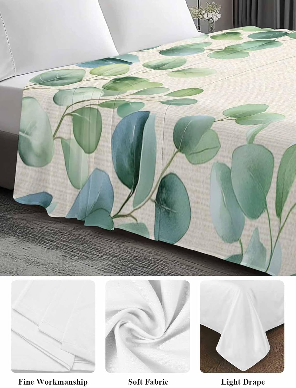 Top Sheet Twin XL Bedding Flat Sheet Only, Vintage Eucalyptus Leaves on Linen Microfiber Bed Sheets Soft Breathable Bedding Flat Sheets, Country Green Leaf Hotel Luxury Top Sheets