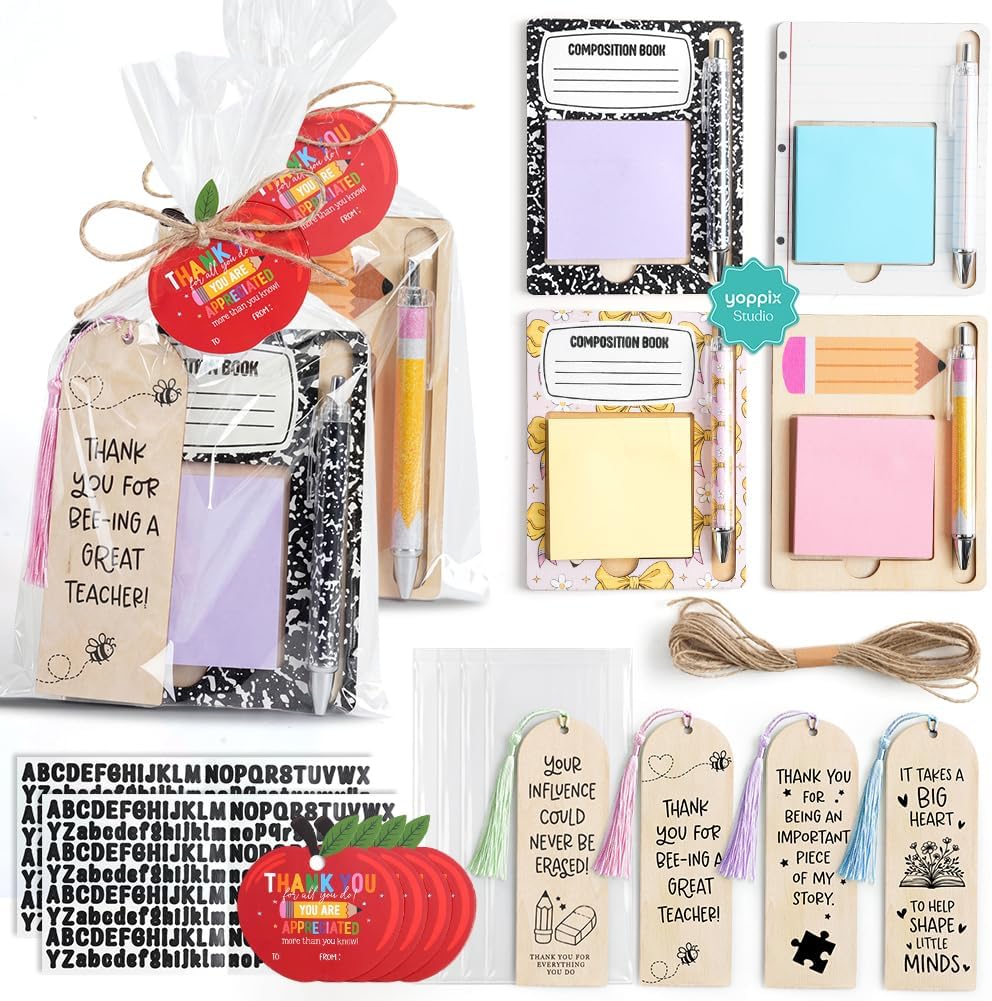YOPPIX 4 Set Personalized Teacher Appreciation Gifts - DIY Wooden Sticky Note Holders with Bookmarks, Pens & Alphabet Stickers for Custom Name, Bulk Thank You Gifts for Teacher Appreciation Week