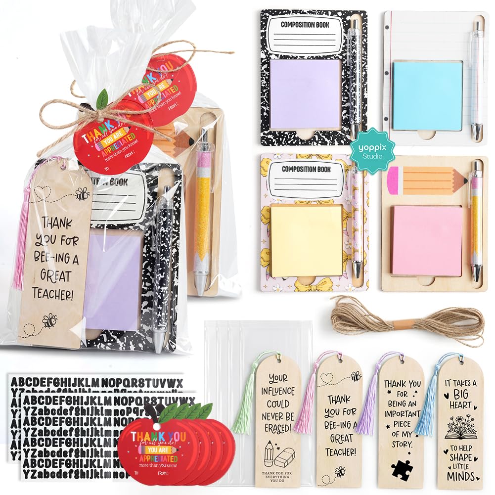 YOPPIX 4 Set Personalized Teacher Appreciation Gifts - DIY Wooden Sticky Note Holders with Bookmarks, Pens & Alphabet Stickers for Custom Name, Bulk
