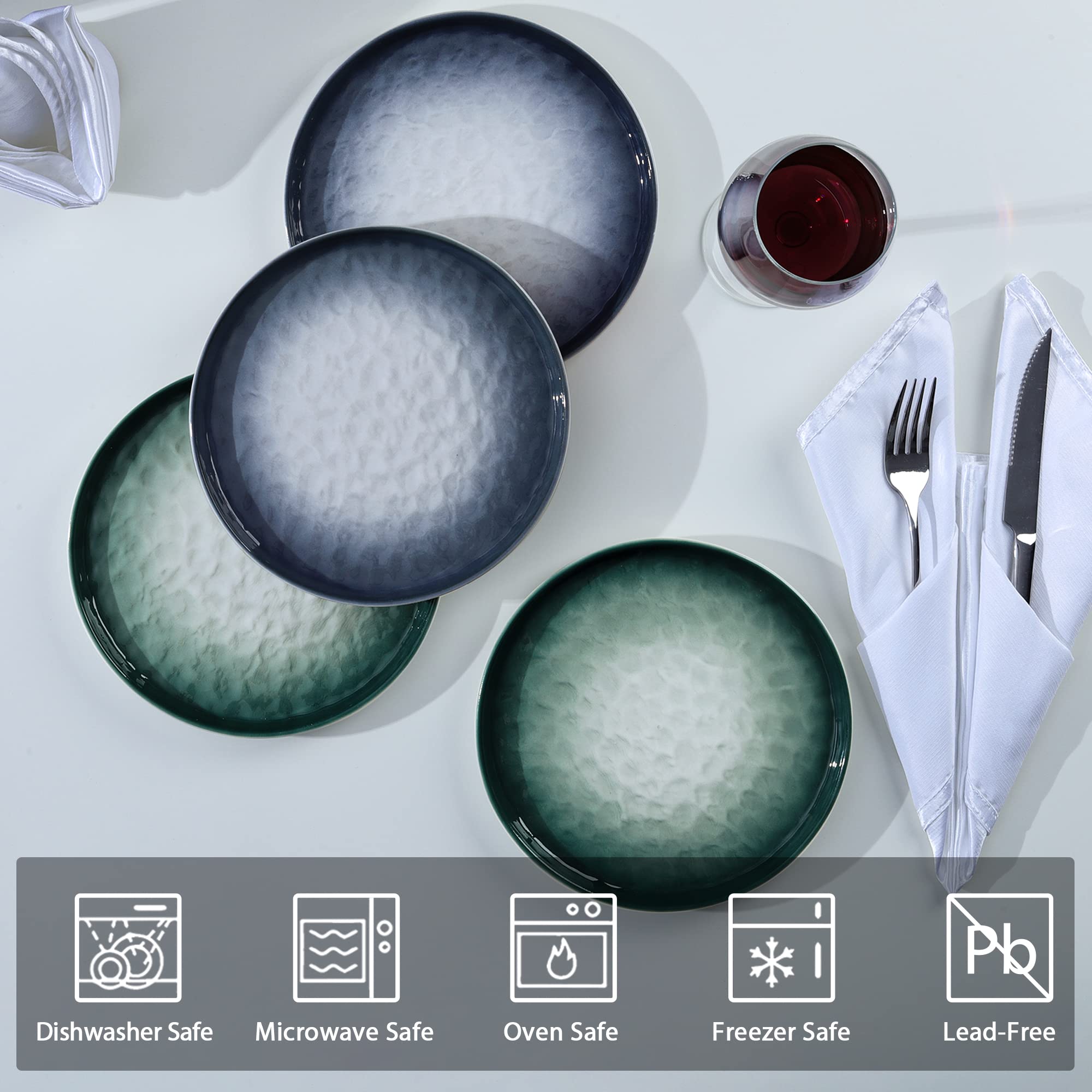 fanquare Piatti da Dessert in Porcellana da 20 cm, Piatti da Insalata con Onda d'acqua Blu, Set di 4 Piatti per Antipasti, Piatti da Pranzo Adatti al Microonde