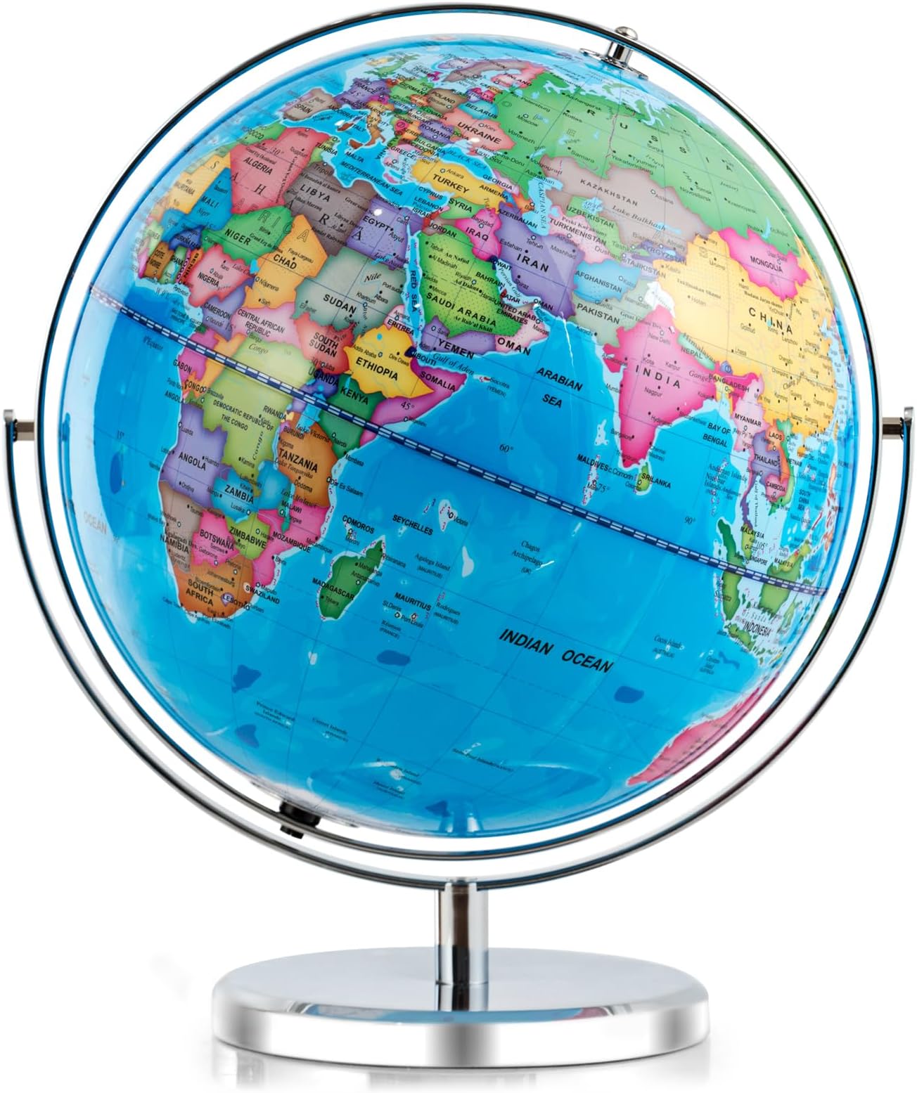 Illuminated World Globe, 13” Desktop Geographic Globe w/LED Light & Easy-to-Read Clear Map for Students, 720° Rotation Decoration, Educational Interactive Globe for School, Classroom