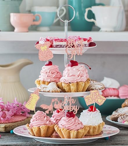 Miniatura 6 de Gyufise 24 piezas de decoración para cupcakes para baby shower, vestido con lazo con purpurina, biberón para cupcakes "It's a Girl", decoraciones de