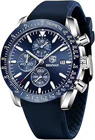 Relógios masculinos BY BENYAR cronógrafo, analógico, movimento de quartzo com design esportivo elegante, à prova d'água até 30 m, presente elegante para homens, Silicone, prata, azul