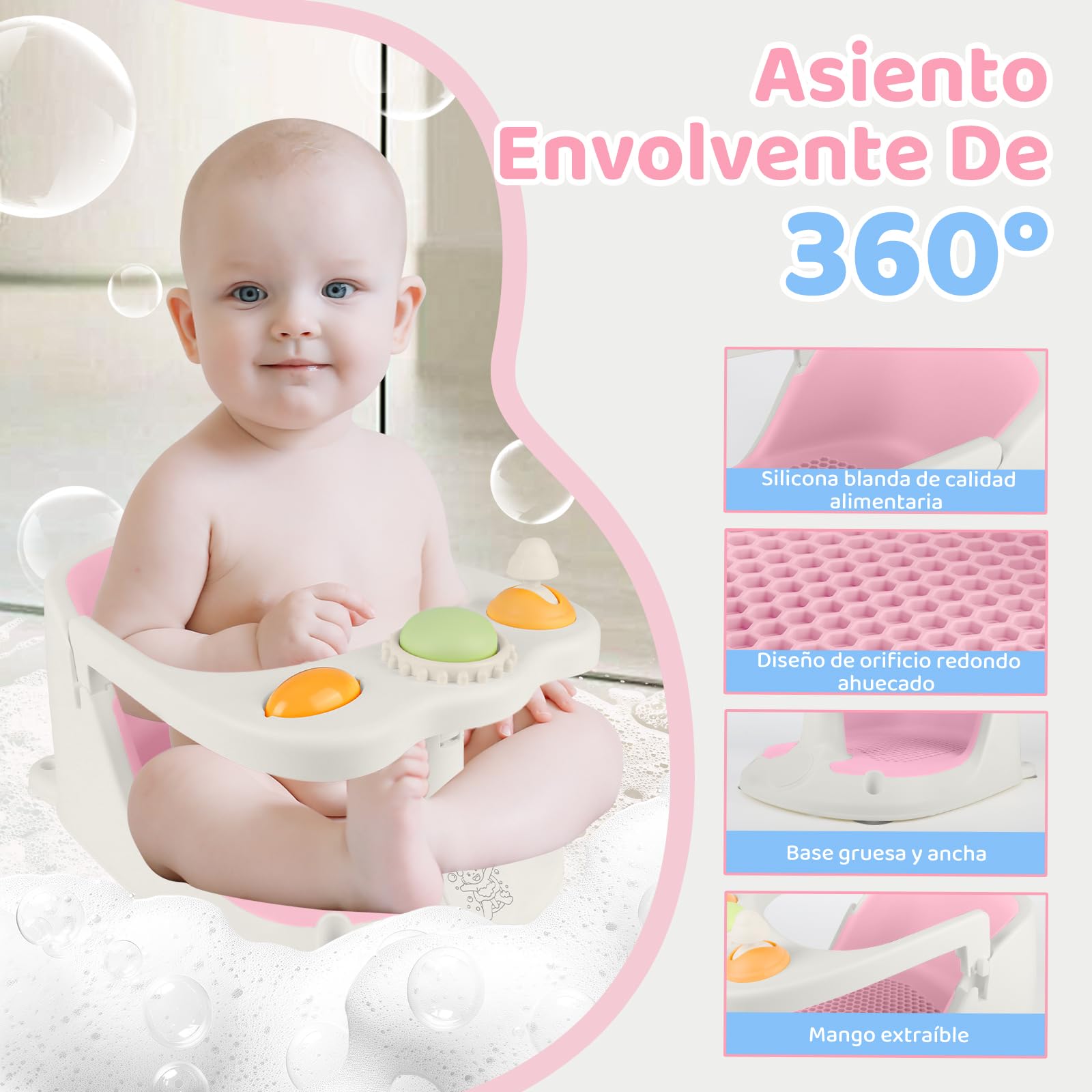 Aragallant Asiento de Baño para Bebé de 6+ meses, Silla Bañera Bebé Antideslizante, Asiento Ducha Bebe con 4 Ventosas, Silla para Ducha de Bebe con Juguetes, Soporte Bañera Bebe (Rosa)