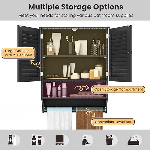 Miniatura 7 de Tangkula Armario de baño montado en la pared con estante abierto y barra, botiquín con puertas de doble rejilla, armario de almacenamiento de pared