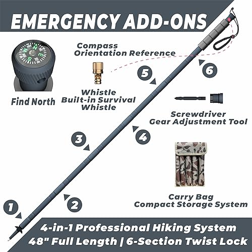 Miniatura 3 de GoldPig Bastón de senderismo táctico modular de aluminio de 48 pulgadas, 6 piezas con brújula, destornillador y silbato, punta de tungsteno, bolsa