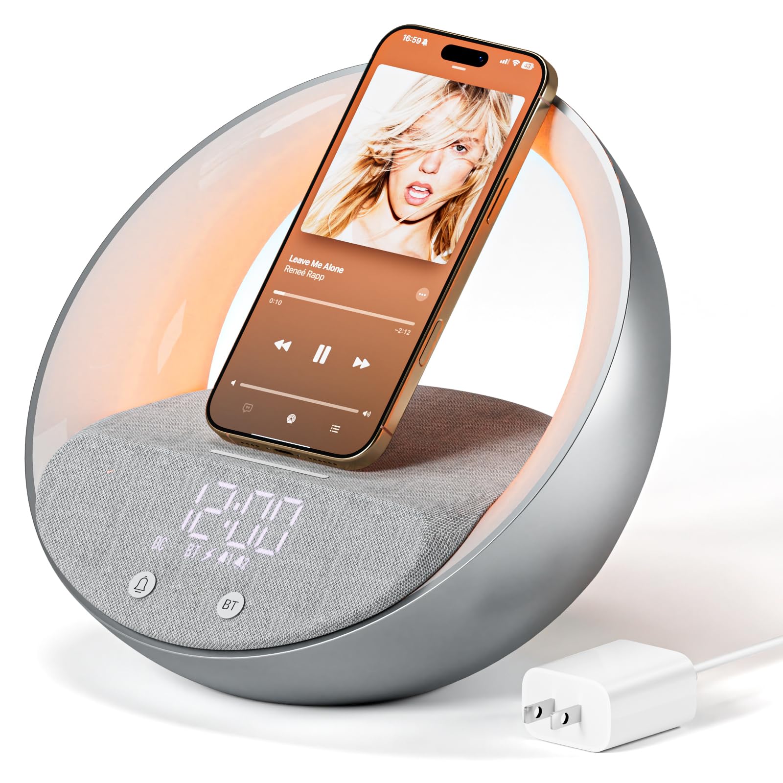 Bluetooth Alarm Clock, Sunrise Simulation Wake Up Night Light, 15W Fast Wireless Charging Alarm Clock for Bedroom, 10W Bluetooth Stereo Sound Speaker, USB Charger Port