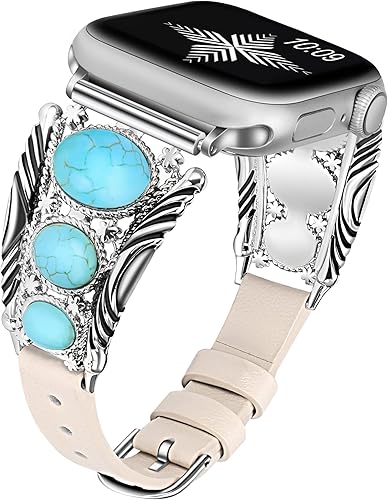 Miniatura 7 de Minyee Correa de cuero compatible con Apple Watch Band para mujeres de 424638404144451.929 in, correa ajustable estilo bohemio turquesa occidental