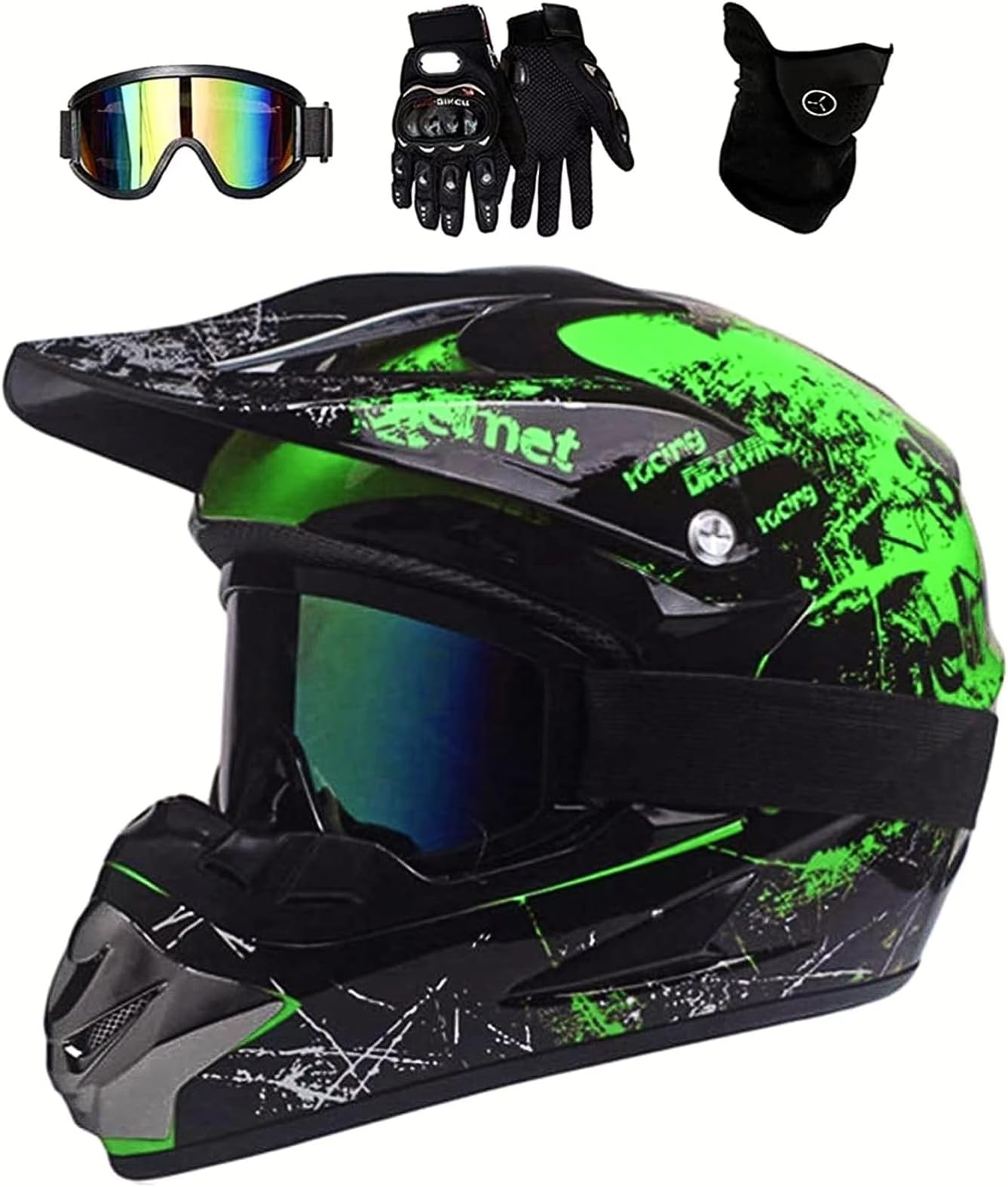 UIGJIOGMotocross Helmet,Youth ATV Dirt Bike Motorcycle Helmet, Full-Face Off Road Motorcycle Crash Helmet,BMX 4-Wheeler Off-Road Mountain Bike Helmet,With Gloves Goggles Mask