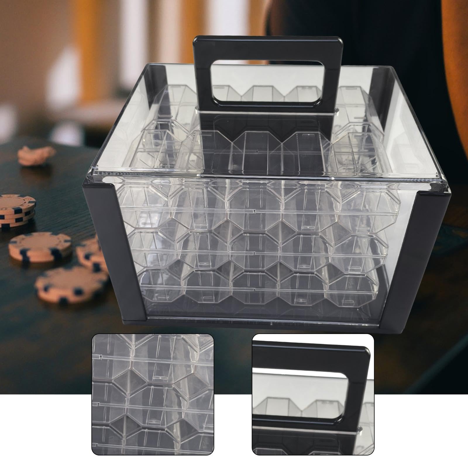 F Fityle Vitrina para chips, a prueba de polvo, con capacidad para 600 piezas, caja de almacenamiento multiusos para accesorios de juegos deportivos, con 6 Cajas de 43 Mm