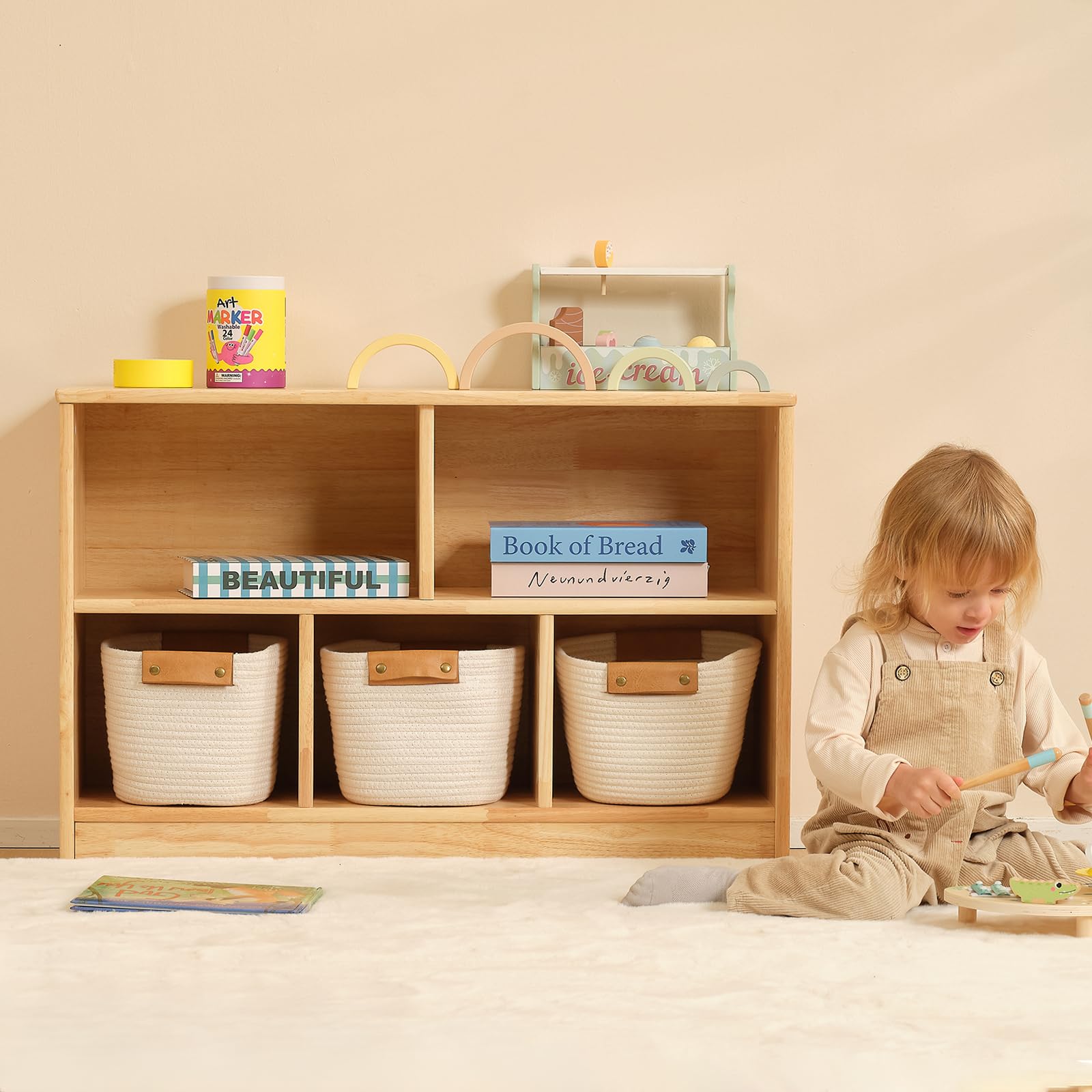 OOOK Estantería infantil de madera de goma, para juguetes, con 2 compartimentos grandes y 3 compartimentos pequeños, estantería para habitación infantil, sala de juegos y guardería, 90 x 30 x 60 cm