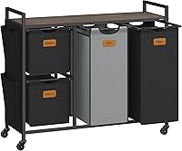 VASAGLE 4-Compartment Rolling Laundry Hamper Sorter, 39.6 Gal Capacity, Shelves, Pockets & Labels, UBLH203B01 Chestnut Brown/Black/Gray