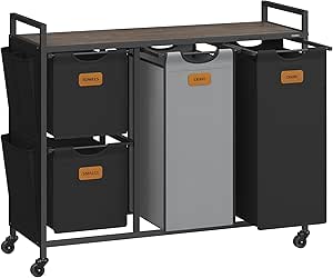 Vasagle Wasmand , Wassorteerder Met Plank En Uittrekbare Zakken Wasorganizer Metalen Frame 2 Oxford Stoffen Afneembare Zakken Rustieke Bruin En Zwart Blh201b01v1