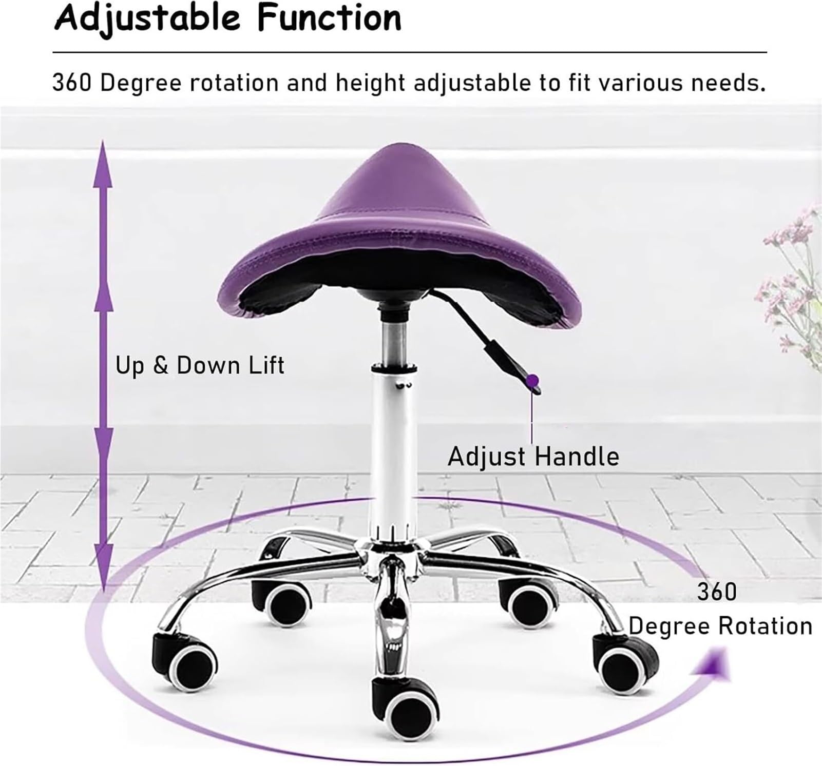 Adjuble Omic Sattelhocker mit Rollen, PU-Leder, Drehstuhl für Salon, Tattoo, Beau, Lash, Dental – Höhe 48–60 cm, Tisch & vielseitig