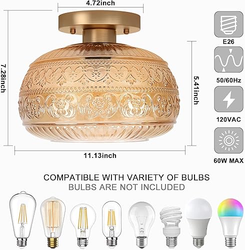 Miniatura 3 de Lámpara de techo semiempotrada, 11 pulgadas, luces doradas vintage para pasillo con vidrio ámbar para cocina, pasillo, baño y entrada, compatible