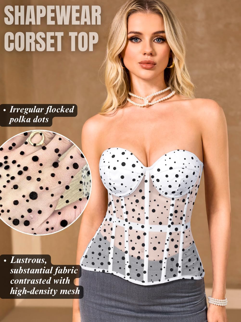 Kaei&Shi Womens Strapless Corset Top, Flocked Polka Dot Mesh Bustier 0-22