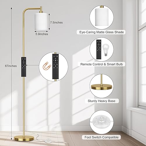Miniatura 5 de QiMH Lámparas de pie para sala de estar, dormitorio, lámpara moderna dorada con control remoto e interruptor de pie, lámpara de pie industrial, Oro