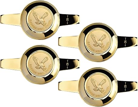 2 Bar Zenith 24K Gold Knock Off Spinner Caps with Dayton Eagle Gold 3D Solid Metal Wheel Chip Emblems Set of 4 | Designed for Lowriders and Classic Cars with Wire Wheels