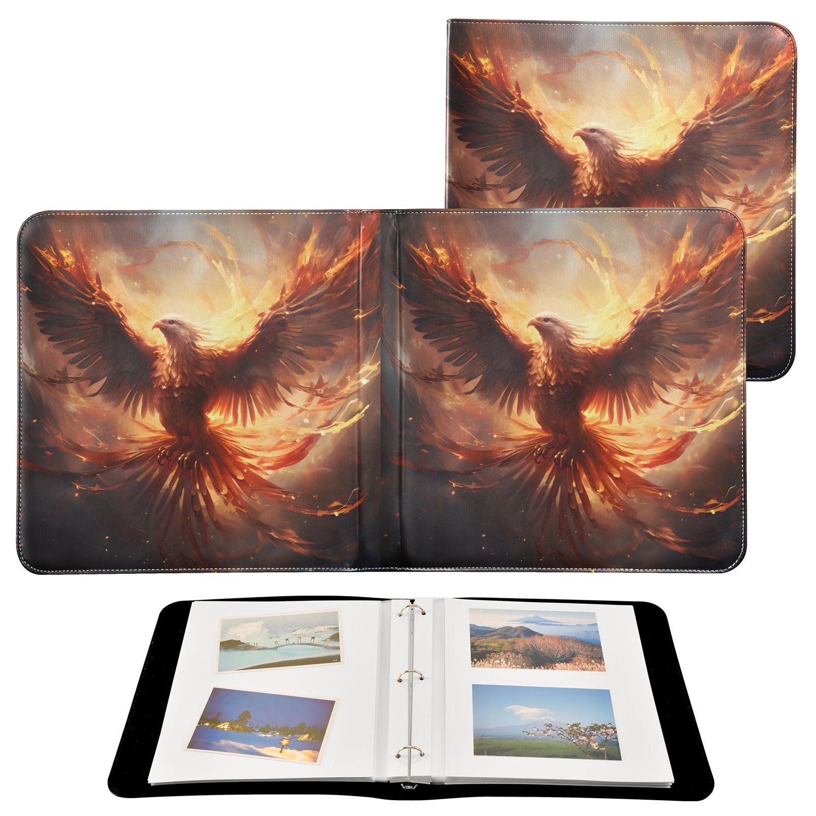 JIPONI Flaming Phoenix Large Photo Album, DIY Leather Cover Scrapbook Albums for 4x6 5x7 6x8 Pictures, Self Adhesive Memory Book for Wedding, Baby, Family
