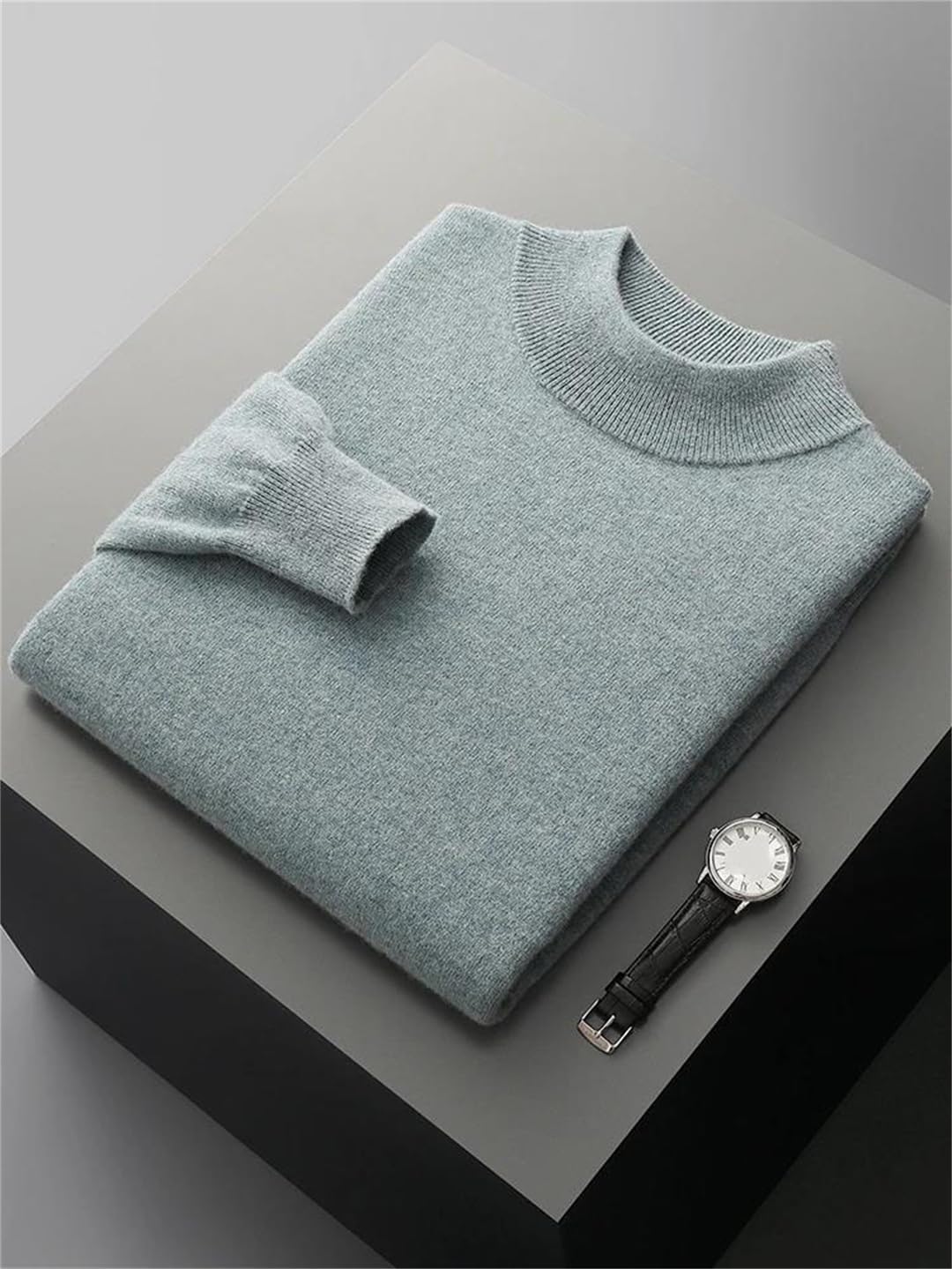 Men's Mock Neck Pullover Sweater 100% Wool Basic Long Sleeve Knitwear for Office Casual Wear