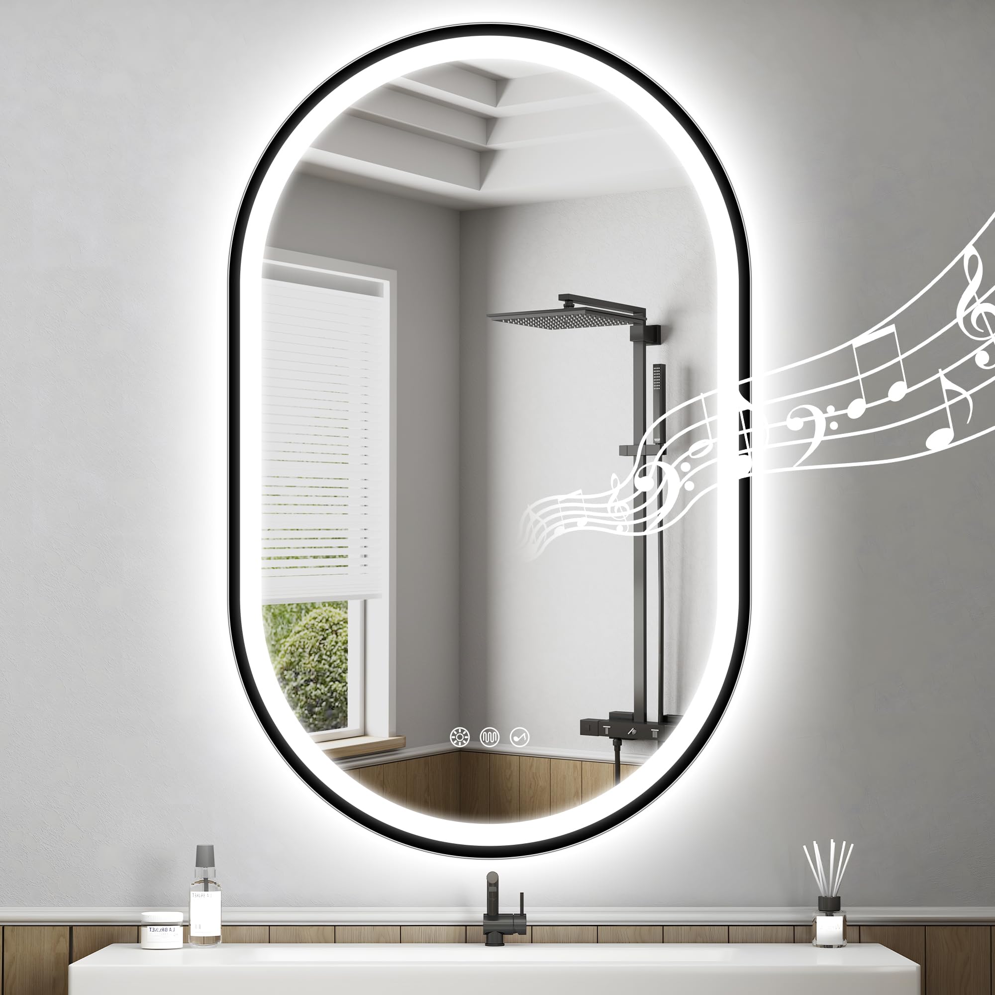 STARLEAD Espejo-Baño-Ovalado-con-Luz 80x50 cm, Espejo-Baño-LED-Bluetooth, Antivaho, Regulable, 3 Colores Luz, Función Memoria, IP44 Vidrio Templado Espejo-LED, Horizontal/Vertical, Pintura Negro