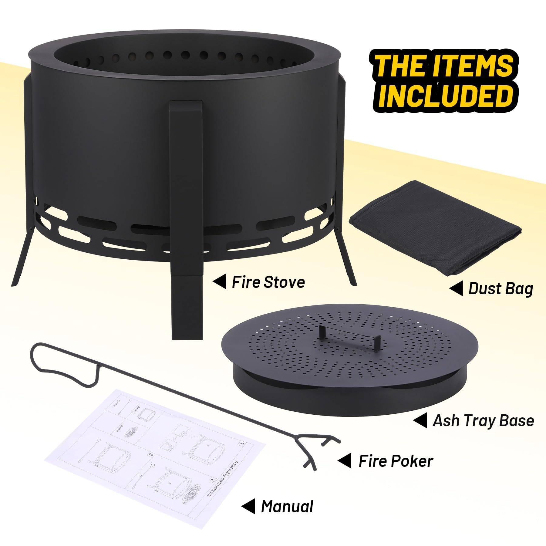 Feuerschale, Ø66cm Feuerkorb mit Staubbeutel, Groß Feuertonne für den Garten mit Schürhaken, Solide und Stabil, Holz & Kohle Feuerstelle inkl Abnehmbare Aschepfanne für Outdoor BBQ Heizung 66x66x51cm