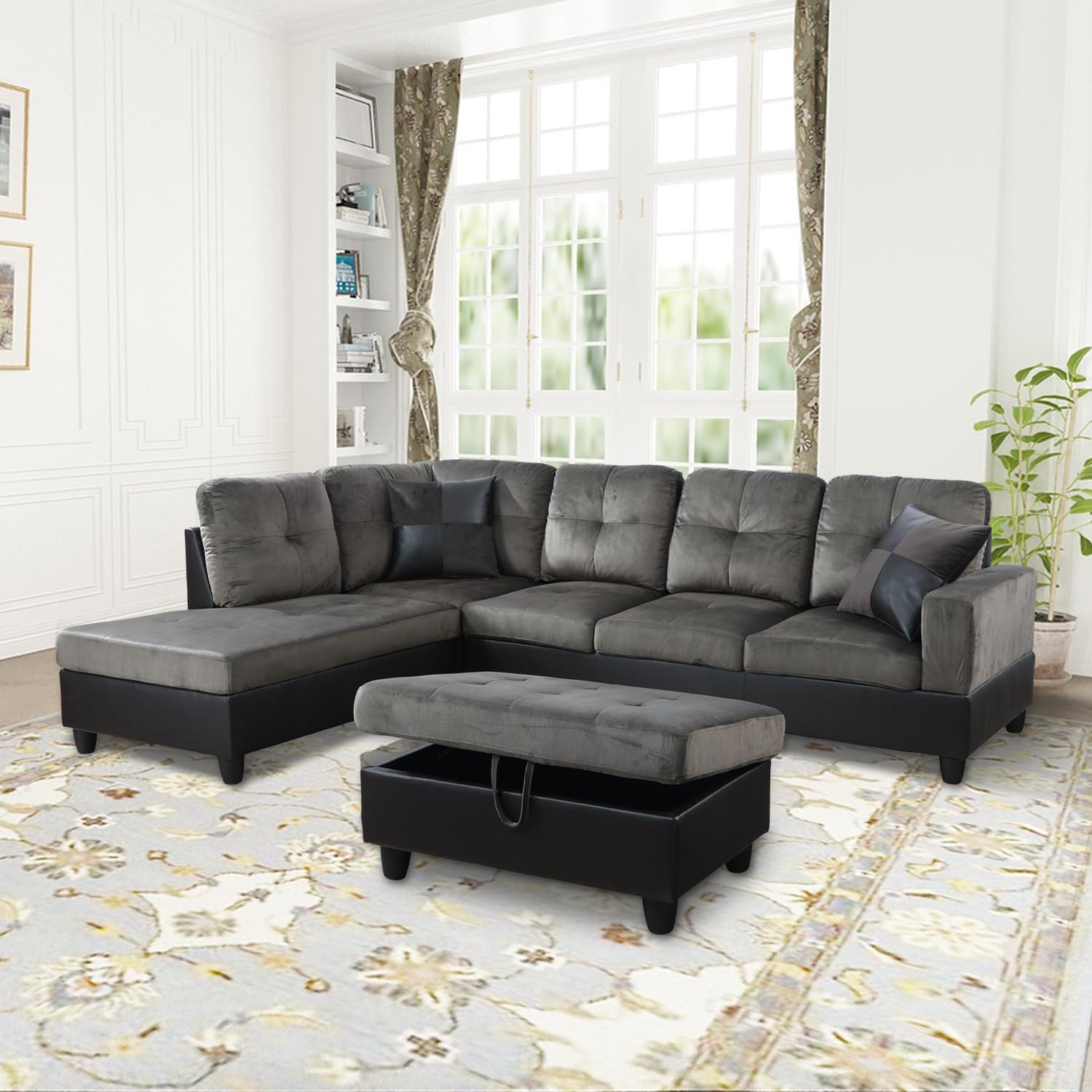 L-Shaped Sectional Sofa Set, 3-Seater Sofa with Chaise, Taupe Microfiber Couch with Storage Ottoman, Small Space Living Room Sofa Set (Left-Hand Facing)