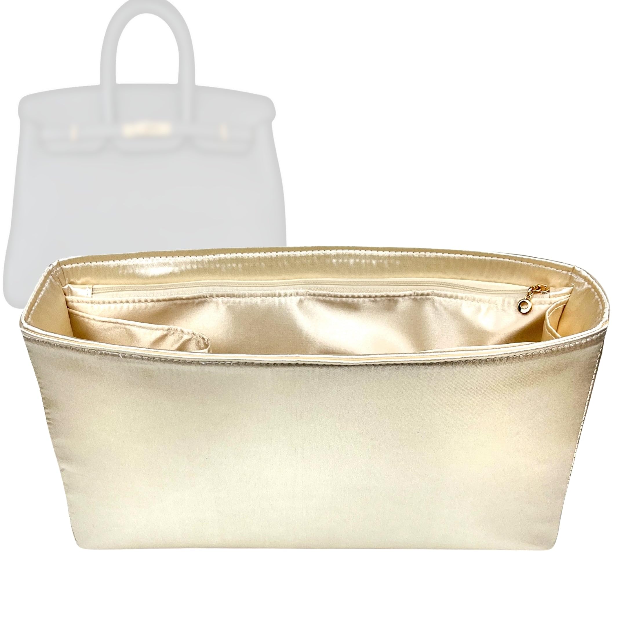 Satin Organizer for Birkin 25,30,35,40,42,45,50, Silk Insert with Zipper Pocket, Trapezoid Shape (BK 30, Scarlet)