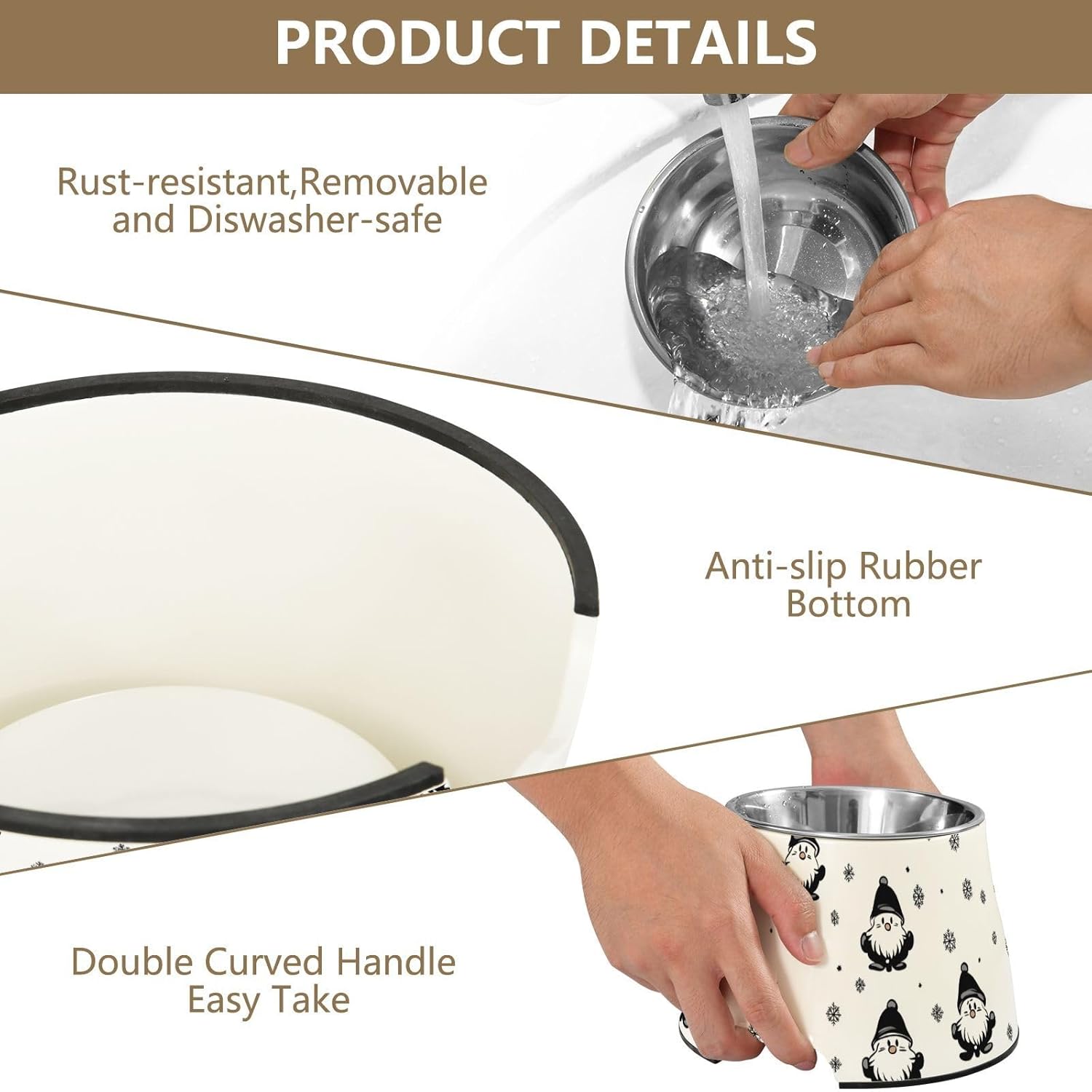 Simple Lines Christmas Gnome Pets Food Bowl Non Skid Stainless Steel Cats Food Dish for Loving Pet Slow Down Eating