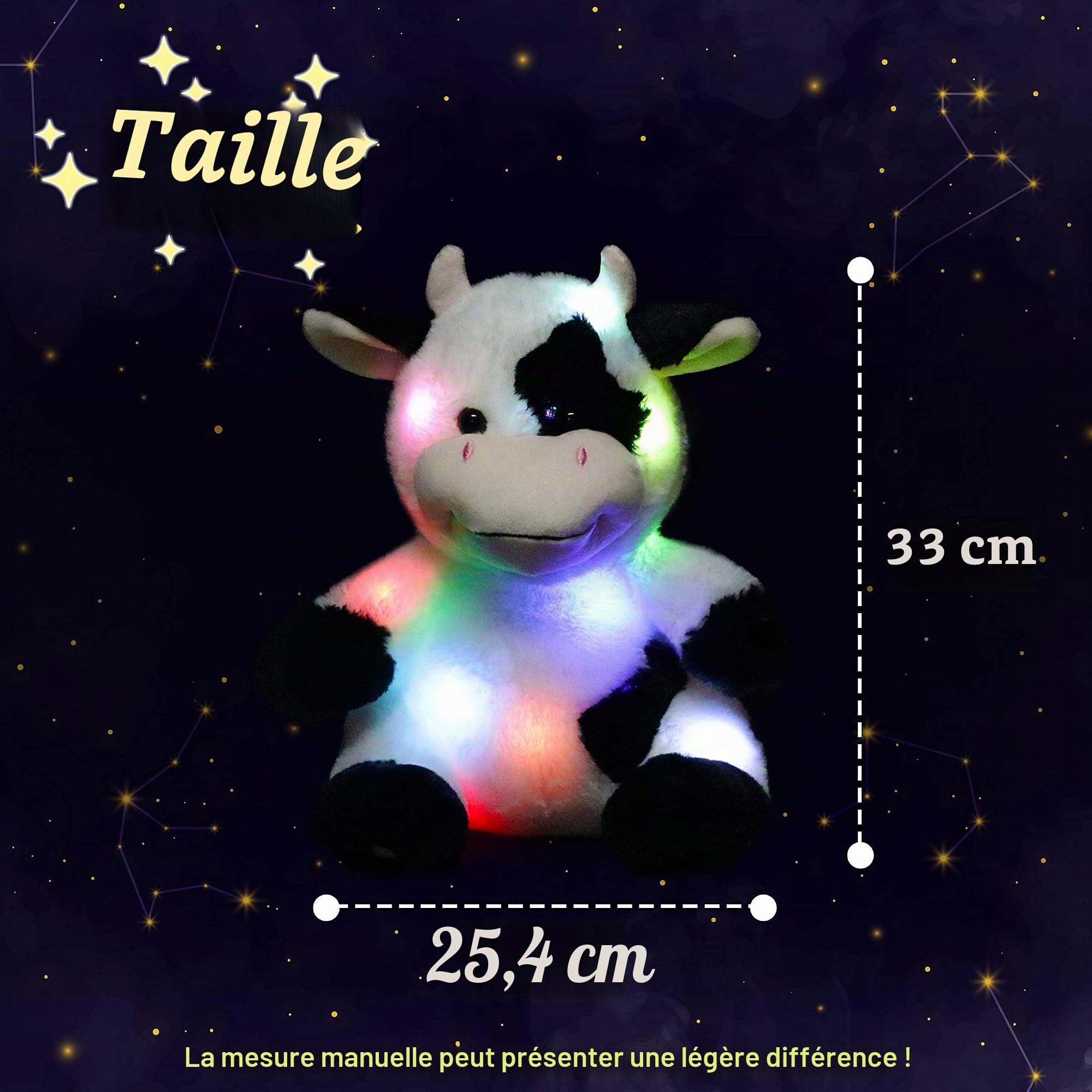 Hopearl Vache Musicale Peluche Lumineuse LED Qui Chante Volume Réglable, Veilleuse Animée Apaisante - Cadeau Anniversaire Fête pour Enfants Filles, 33cm