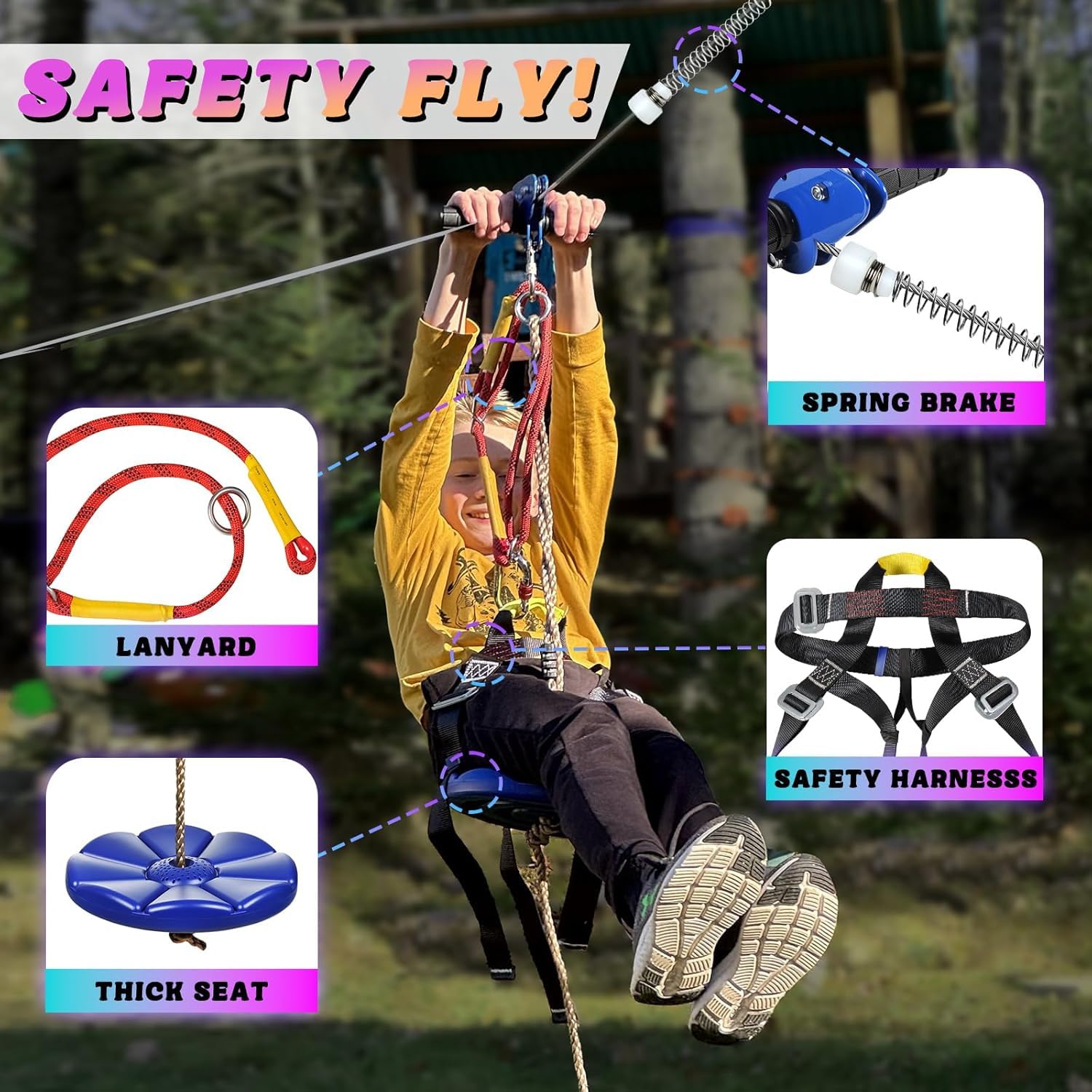 CTSC Kit zip line per giardino, 25 m, kit zip line per bambini e adulti, con freno a molla in acciaio inossidabile, kit di tensionamento, imbracatura di sicurezza, protezioni per alberi (25 m blu)